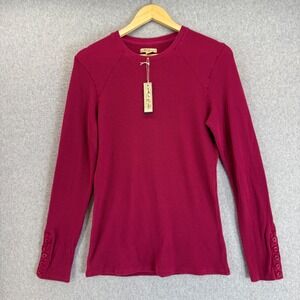 ModODoc Thermal Waffle Knit Top Button Cuff Long‎ Sleeve Claret Red Sz Large NWT
